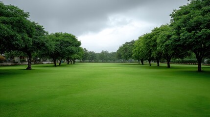 Fototapeta premium Lush Green Landscape with Overcast Sky, Perfect for Tranquility and Nature Photography in Scenic Outdoor Settings