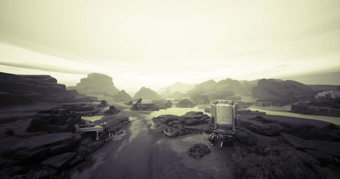 Futuristic research base on rocky plain with rover tracks, modular habitats and solar arrays, scientific instruments and communication masts, pale sepia dawn