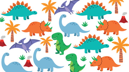 Cute Cartoon Dinosaur Seamless Pattern with Volcano, Palm Trees, and Prehistoric Animals in Colorful Playful Kids Background Vector Illustration © Aktarul