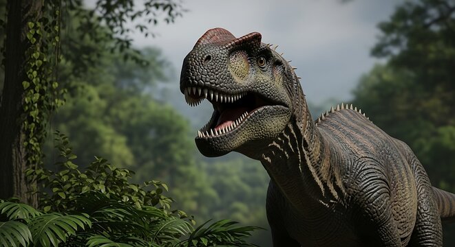 Majestic Dilophosaurus Roaring in Lush Prehistoric Jungle Environment.