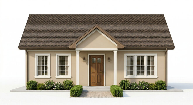 Small Cozy Suburban House: One-Story Family Home Exterior with Detailed Gable Roof & Porch - Isolated on White Background