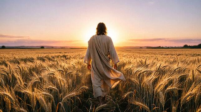 Jesus walks through golden wheat at sunset, symbolizing peace, faith, hope, and renewal.