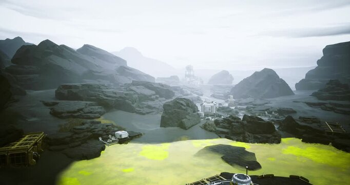 Foggy approach to valley research hub with damp rock paths and low beacon towers, muted light and thick mist cloak small modules and sensor arrays, atmosphere