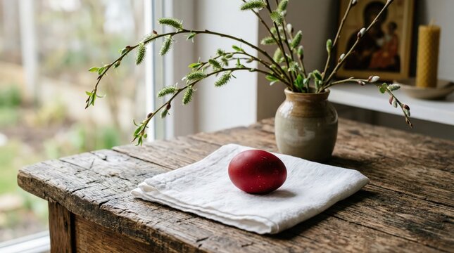 Traditional Red Orthodox Easter Egg on a Rustic Wooden Table with Pussy Willow Branches and Religious Icon