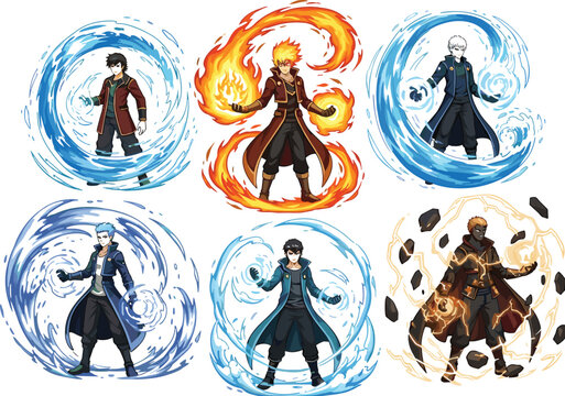 Anime elemental characters collection with fire, water and earth powers, dynamic vector illustration set for fantasy, game design, magic abilities and action scenes