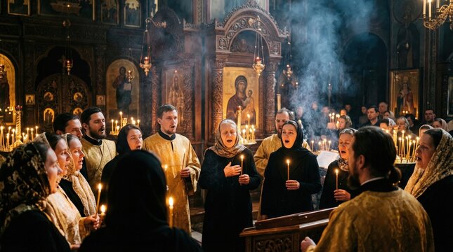 Orthodox Christian Choir Singing during a Church Service with Burning Candles and Incense