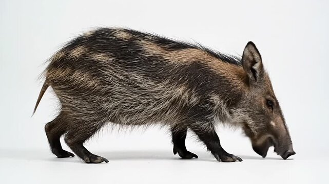African aardvark standing on all fours in profile facing right, showing characteristic large ears, long snout, and powerful legs; nocturnal mammal isolated on a black background.