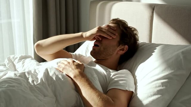 Man waking up in bed with morning fatigue and discomfort.