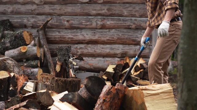 Close up of splitting wood and leaving the axe in a log. Man finishing work and walking away. 4K slow motion ProRes 422.