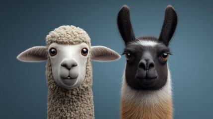 Fototapeta premium Sheep and llama portrait, minimalist studio animal pair, soft wool texture, neutral background, front view, calm expression