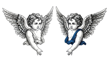 Fototapeta premium Two Cherubs with Wings, Vintage Illustration, Angelic Figures