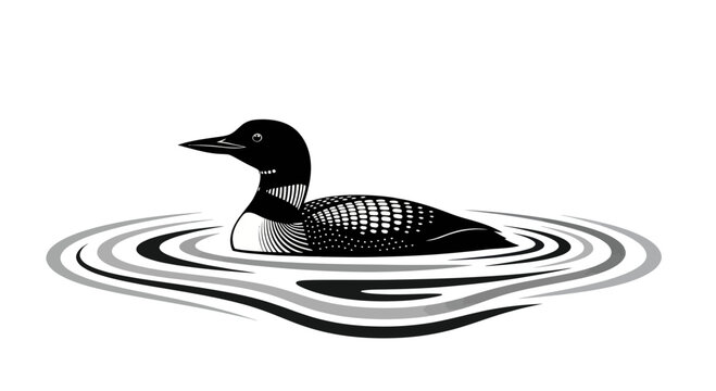 Black and white illustration of a loon swimming in water with ripples