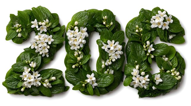 The number 206 is crafted from green leaves and small white flowers against a white background creating a natural and decorative design.