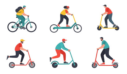 Fototapeta premium People riding bicycles and sport wheels vector illustration set for outdoor activity