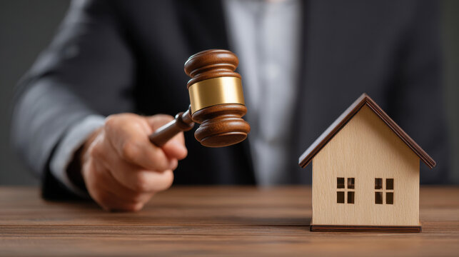 Small wooden house model auction gavel real estate law property sale legal decision wooden table court room housing market mortgage foreclosure