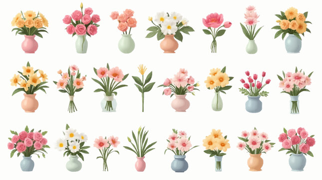Collection of vibrant vector flower bouquets in various vases and styles.