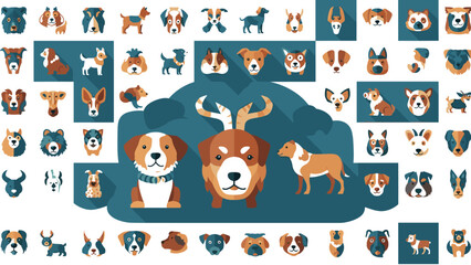 Dog breed collection with various cute and realistic canine faces and poses, detailed vector illustration set for pets, animal design, avatars, stickers and branding use © msttaniyaakter