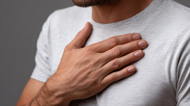 Chest hand heart man white closeup gray shirt body gesture emotion chest pain health pain care medical emergency anatomy torso skin beard adult male human one person portrait isolated studio copy