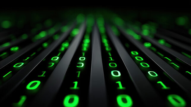 Dark binary code green digital line abstract data stream futuristic matrix pattern cyber background virtual technology glowing number computer code data network digital matrix