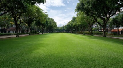 Obraz premium Expansive Green Lawn Surrounded by Lush Trees Under a Bright Blue Sky in a Serene Urban Park Setting