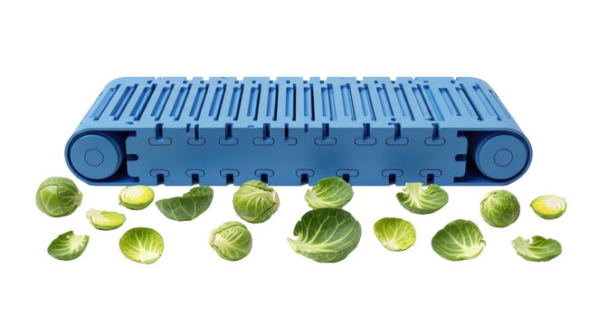 A blue vegetable slicer on transparent background with scattered brussels sprouts