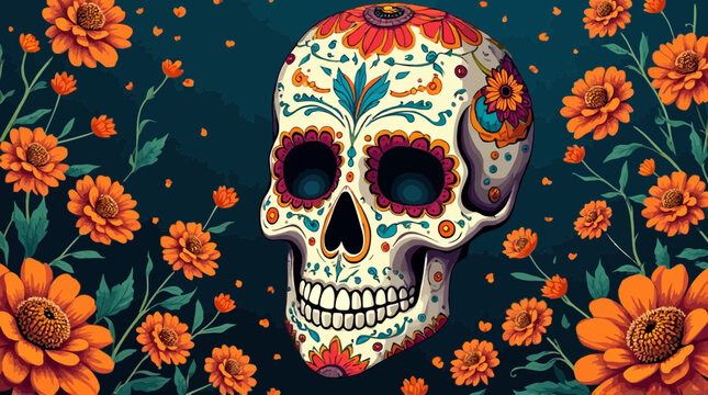 Day of the Dead sugar skull with intricate patterns and blooming marigold flowers