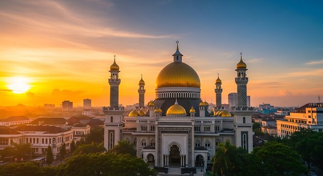 Majestic Mosque at Sunset - A Golden Dome in the Cityscape.