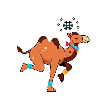 Animated dancing camel with closed eyes, wearing colorful accessories, under a disco ball and stars, white background