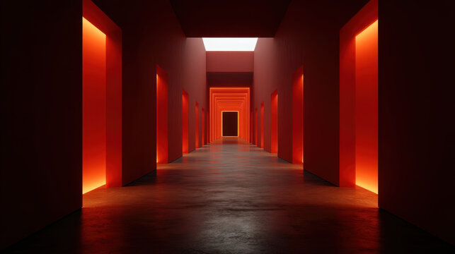Infinite red corridor with glowing wall opening and dark perspective, abstract tunnel interior, minimal architectural space, dramatic light, empty floor