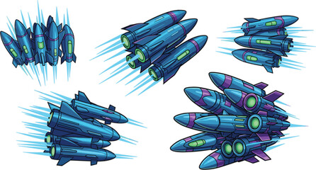 Futuristic spaceship fleet collection with sci fi aircraft and dynamic motion effects, detailed vector illustration set for space games, technology and science fiction design © msttaniyaakter