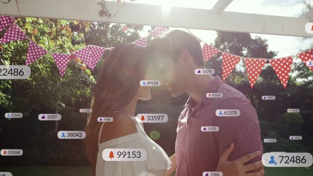 Sun flare sparking badges growing while couple pressing heads and embracing, showing social buzz
