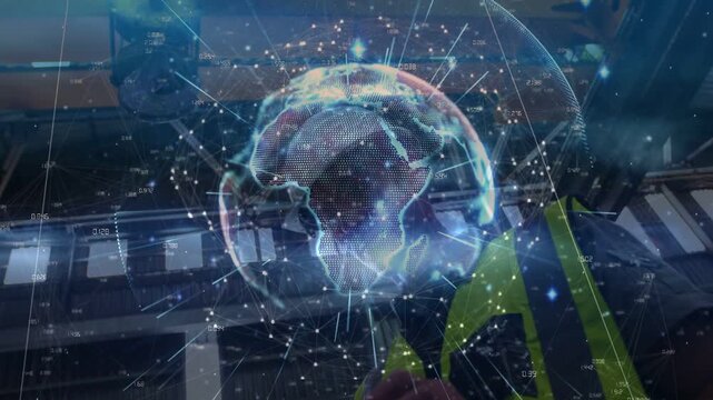Male tech holding device in depot, reflection aligning, activating AR globe mapping nodes for ops