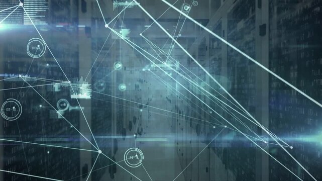 Data feed flowing while walkers passing corridor, HUD nodes and lines mapping racks and occluding