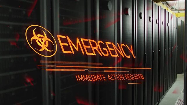 Hologram biohazard alert appearing and pulsing over server racks as LEDs flashing, requiring action