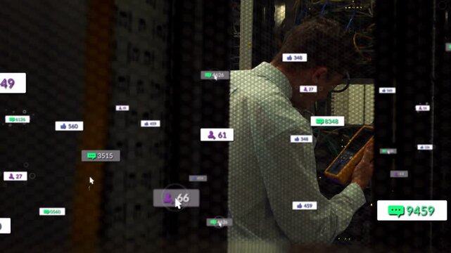 Tech placing yellow tester on patch panel in datacenter, testing links while metrics overlaying him