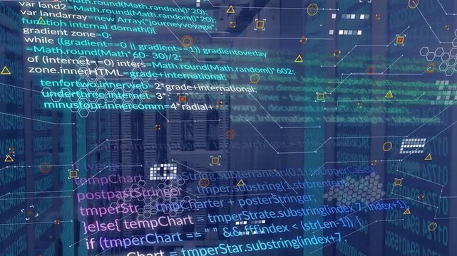 On telemetry spike server racks showing code overlays, hex nodes pulsing to show active processes