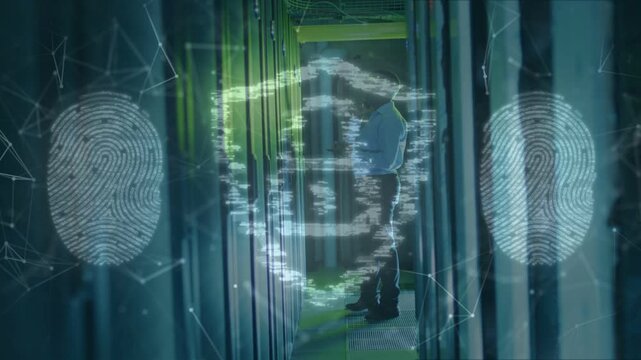 Tech walking server aisle, pausing to inspect rack as security overlays appearing, showing safety