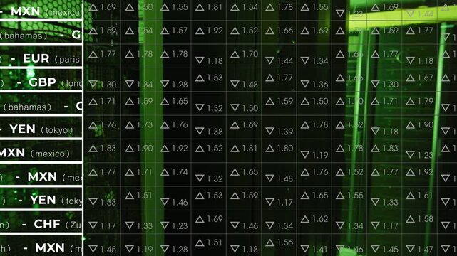 View panning right, finance overlay holding, showing currency list and grid revealing frame