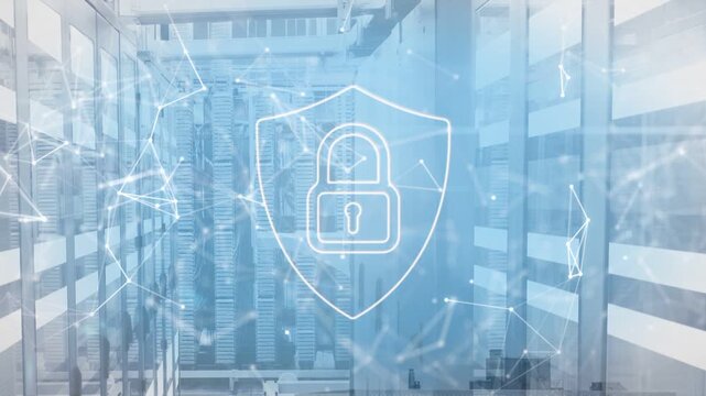 Security scan initiating shield pulsing in data center aisle as network lines forming for security