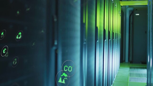 Camera gliding down server aisle, revealing animated icons power CO2 showing tech energy metrics
