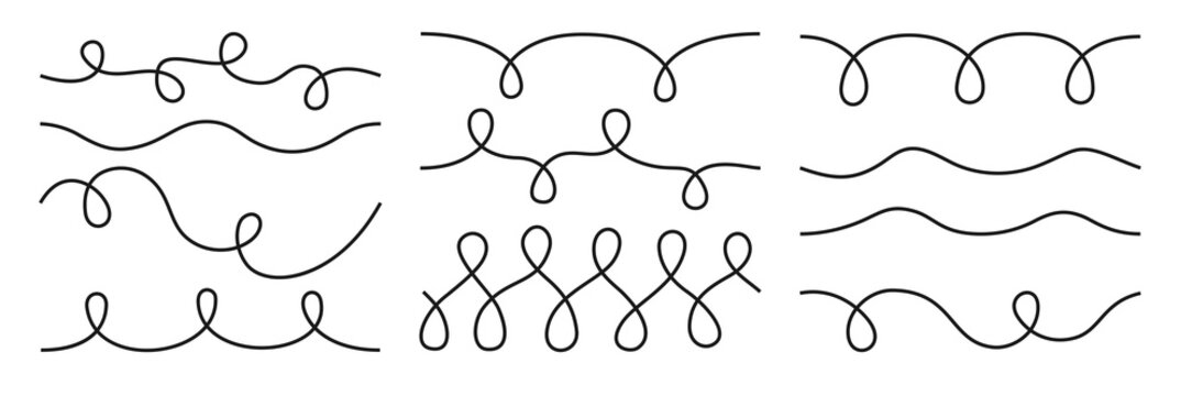 Seamless wavy swirl line pattern set. Flowing curves and continuous squiggle strokes. Thin doodle lines forming undulating abstract curvy stripes and tangled shapes. Minimal decorative border linework