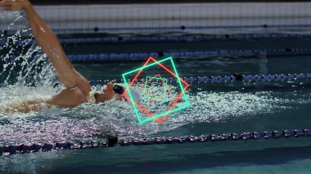 Arm entering water starting swimmer doing backstroke, neon squares rotating scaling to show stroke