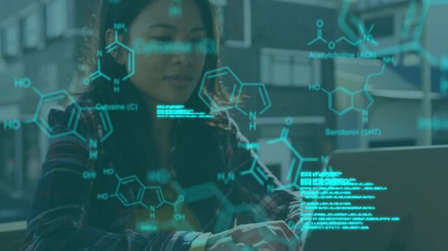 Researcher typing on laptop and causing teal holograms of code and molecules, analyzing health data