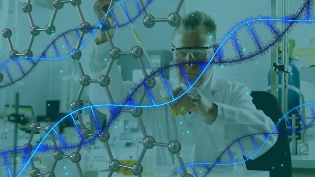Lab scientist lifting pipette, pouring yellow liquid into beaker, DNA helix moving with teal dots