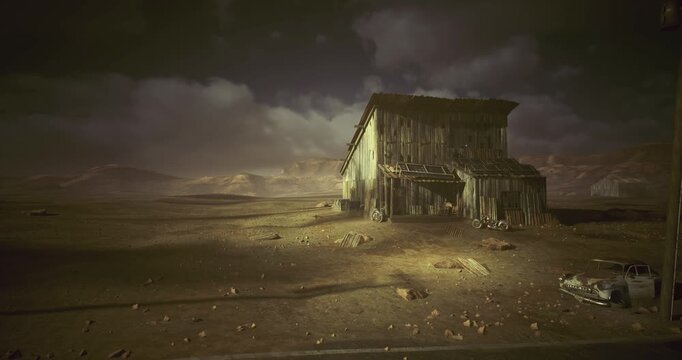 Abandoned outpost in bleak wasteland, Derelict survival station situated in vacant desert plain with scattered rusty fragments and somber atmosphere