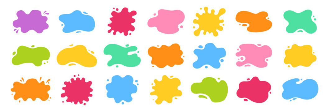 Paint splatters shapes and frames with uneven wavy edges set. Fluid puddles splashes, drops, blobs stains. Rounded organic forms. Smooth glossy blotches soft spills drips abstract shapes backgrounds