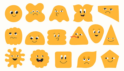 Fototapeta premium Geometric characters set, blob shapes and expressive comic smiling childish different faces. Abstract playful figures eyes, emotions quirky forms. Fun modern cartoon geometry drawing happy face art