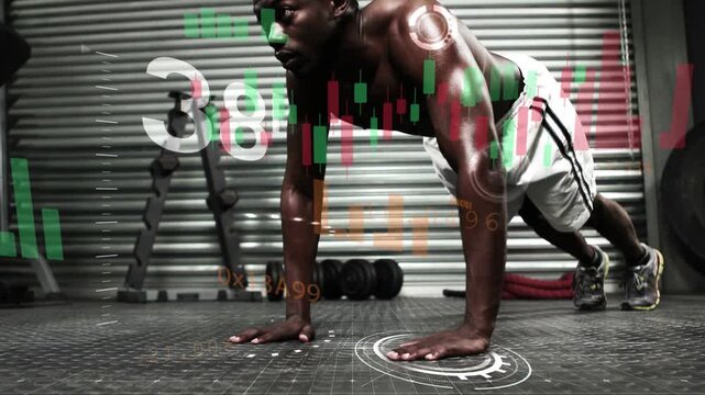 Countdown starting, man doing push-ups on gym floor, fitness HUD counting reps with hand-targets