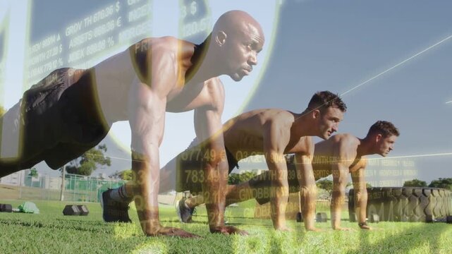 Three men on start signal doing push-ups for fitness scrolling data overlay masking bodies and tire