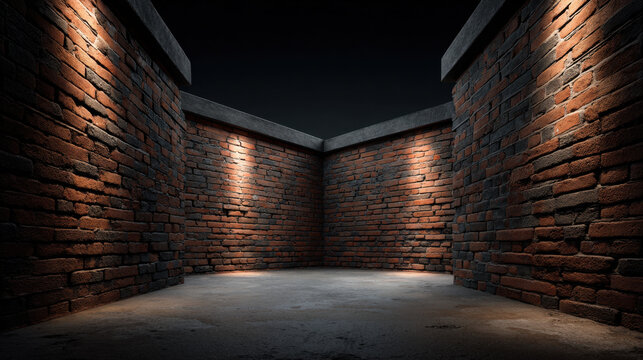 Empty brick room, dark interior, concrete floor, dramatic light, enclosed space, urban background